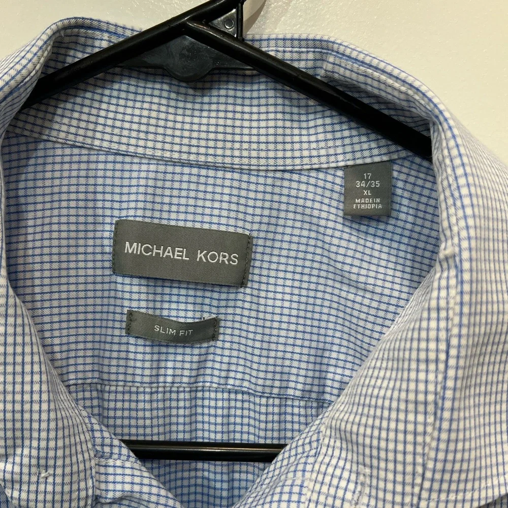 Michael Kors Slim Fit Dress Shirt, Tight Blue Check Pattern, 17-34/35 - Picture 4 of 9